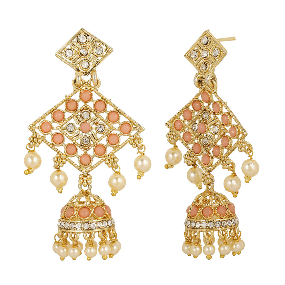Kord Store Classy Designer Pink & White Stone Gold Plated Jhumki Earring For Women  - KSEAR70173