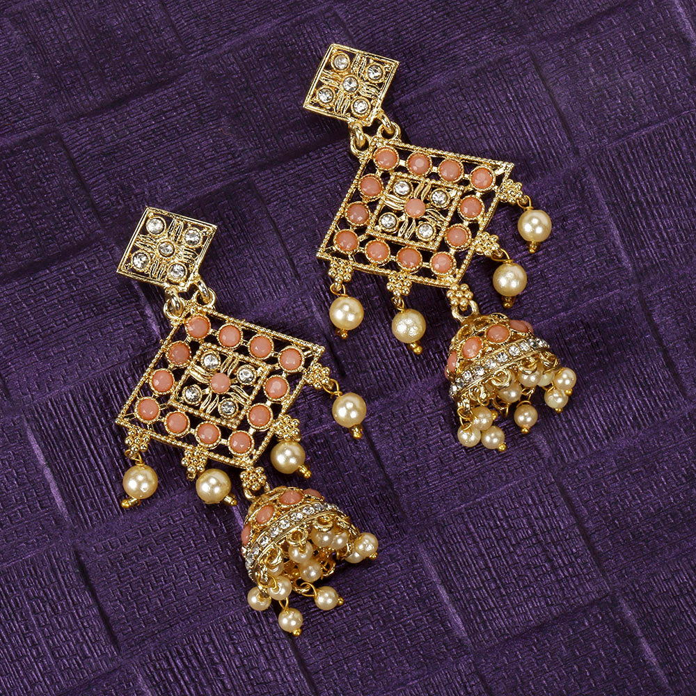 Kord Store Classy Designer Pink & White Stone Gold Plated Jhumki Earring For Women  - KSEAR70173
