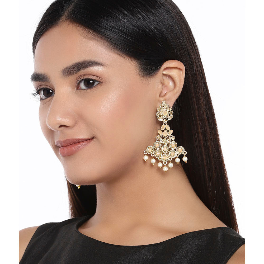 Kord Store Brilliant Round Shape Light Pink & Lct Stone Gold Plated Dangle Earring For Women  - KSEAR70179