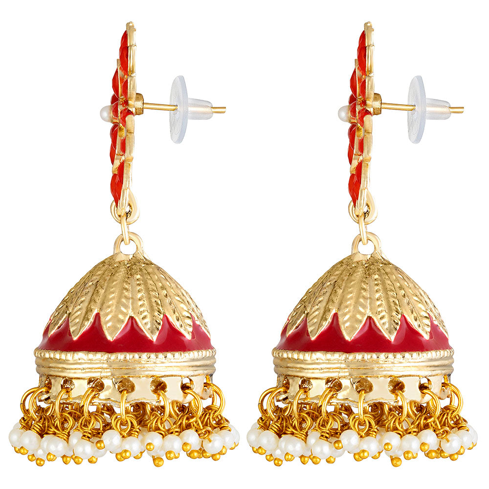 Kord Store Desirable Flower Design Maroon Stone Gold Plated Jhumki Earring For Women - KSEAR70189