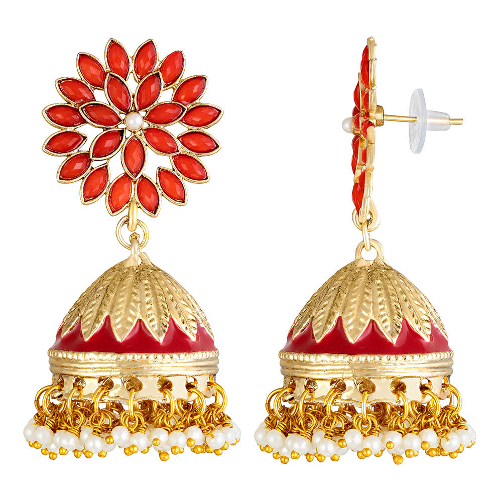 Kord Store Desirable Flower Design Maroon Stone Gold Plated Jhumki Earring For Women - KSEAR70189