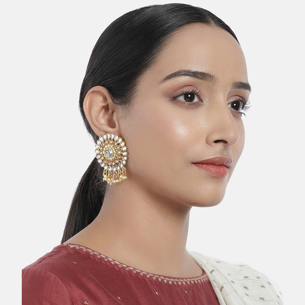 Kord Store Exceptional Round Shape White Stone Gold Plated Drop Earring For Women - KSEAR70198