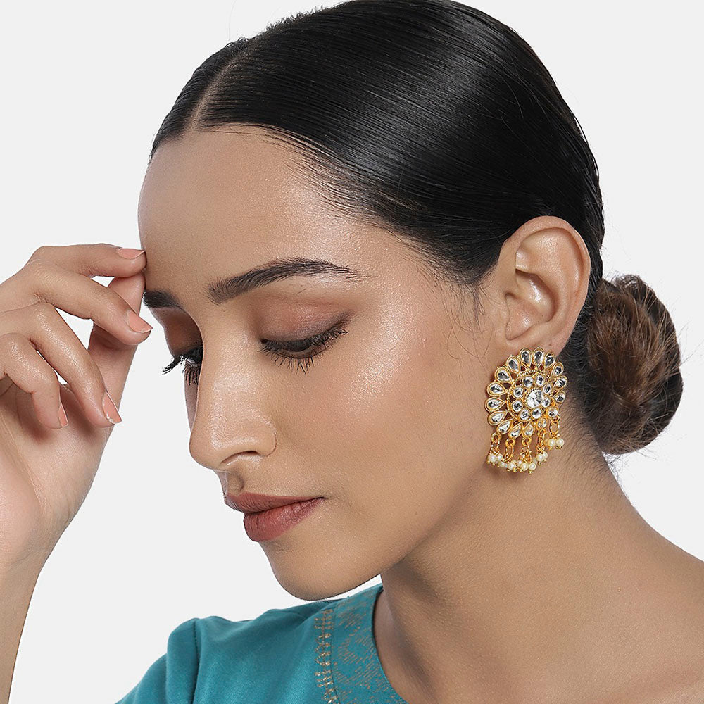Kord Store Exotic Round Shape White Stone Gold Plated Drop Earring For Women - KSEAR70200