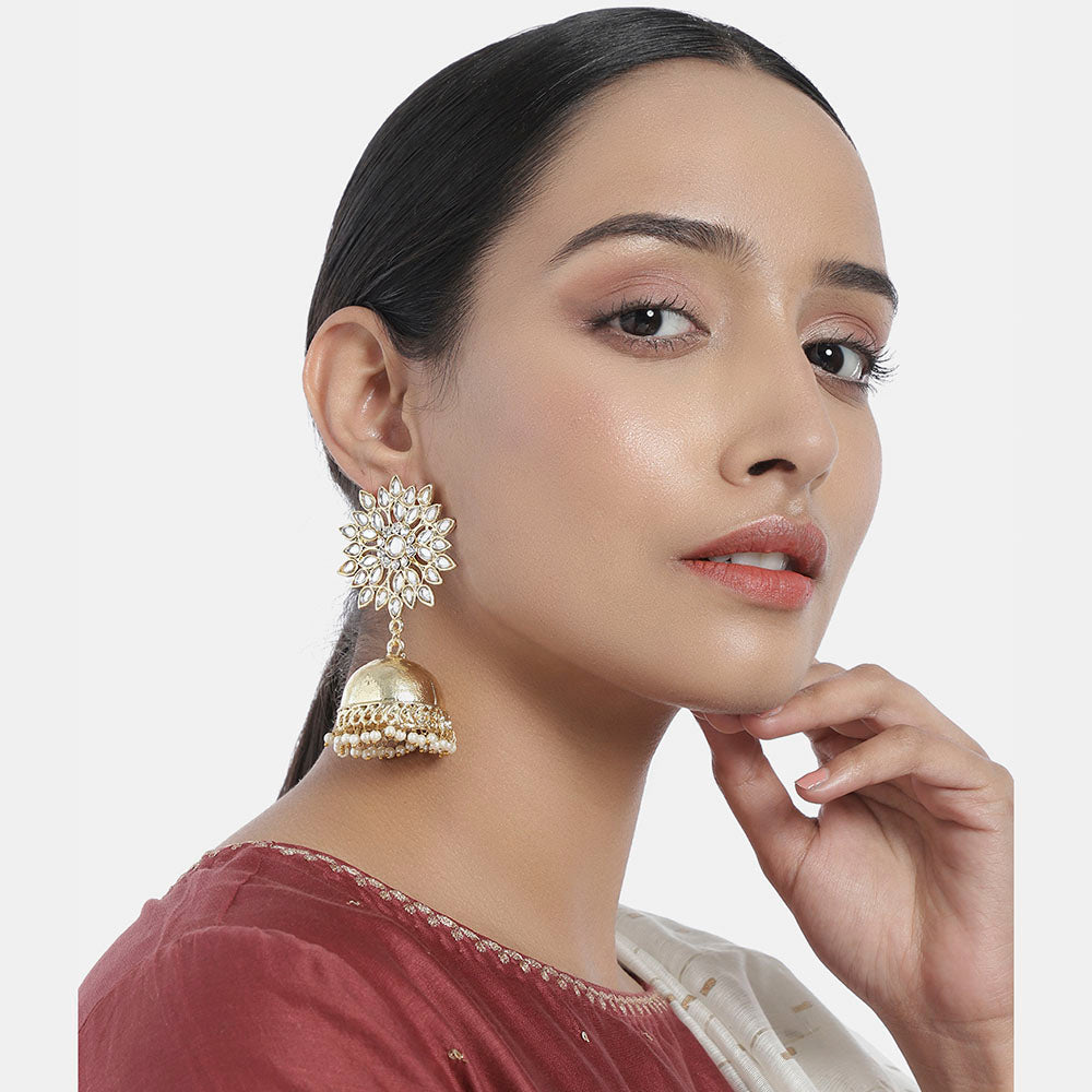 Kord Store Eye-Catchy Flower White Stone Gold Plated Jhumki Earring For Women - KSEAR70201