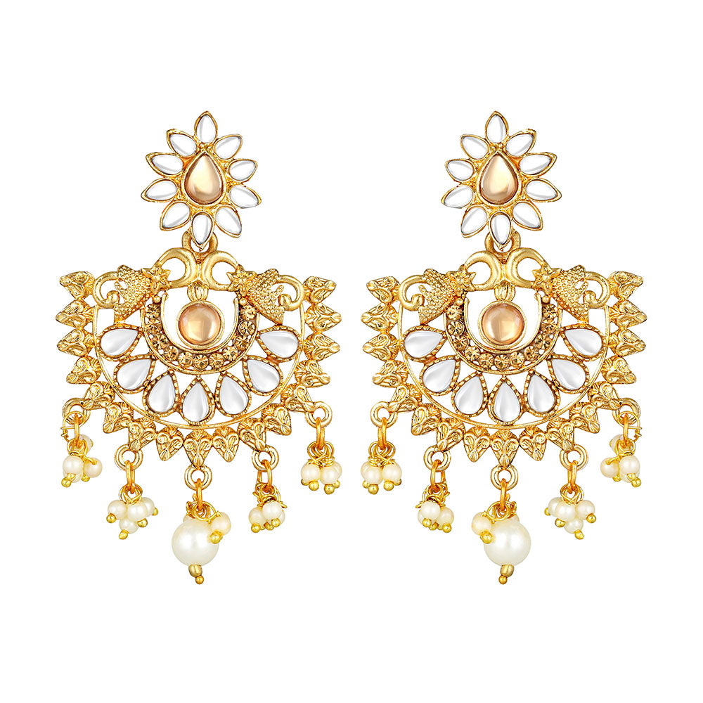 Kord Store Fabulous Flower White Stone Gold Plated Chand Bali Earring For Women - KSEAR70203
