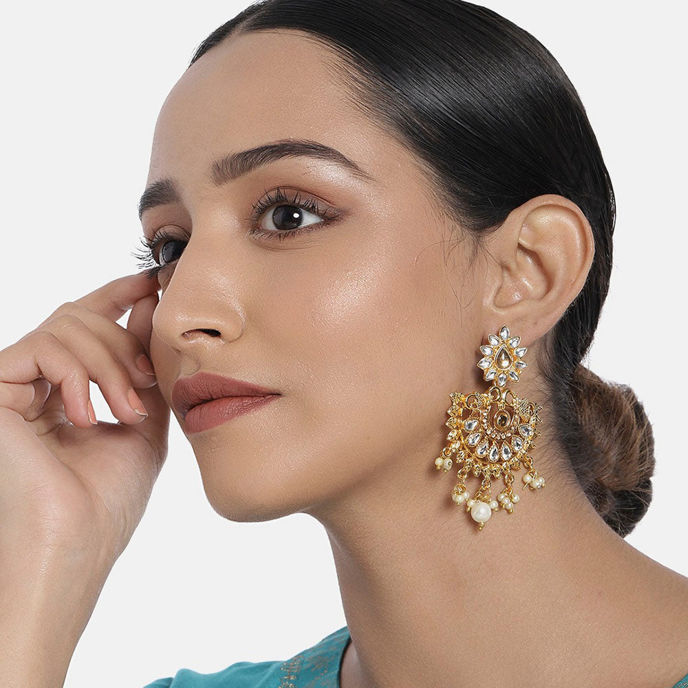 Kord Store Fabulous Flower White Stone Gold Plated Chand Bali Earring For Women - KSEAR70203
