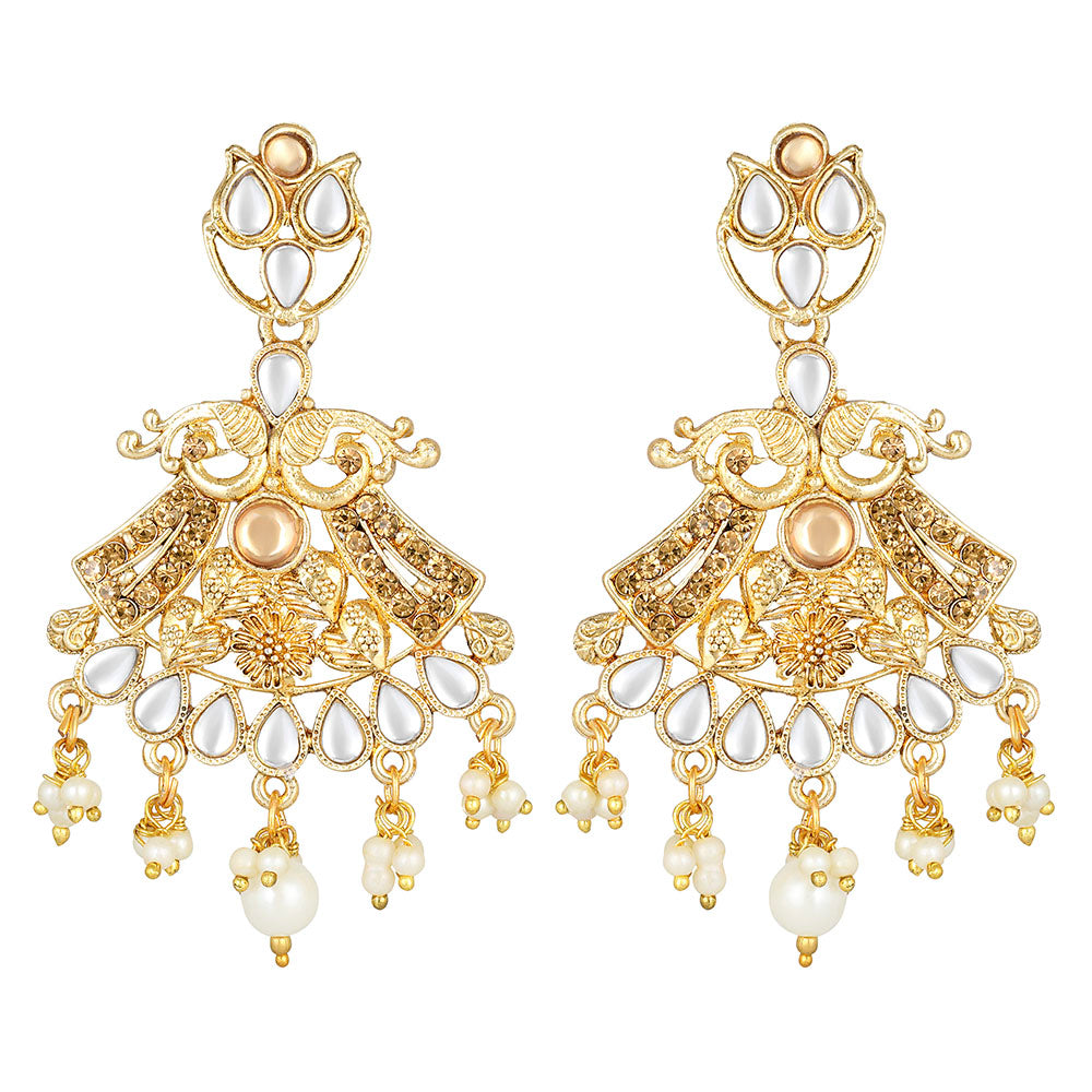 Kord Store Fascinating Leaf Design White Stone Gold Plated Dangle Earring For Women - KSEAR70205