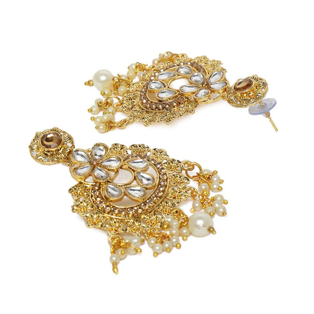 Kord Store Flower Shape Design LCT Kundan Pearl Gold Plated Chandelier Earring For Modern Women - KSEAR70208