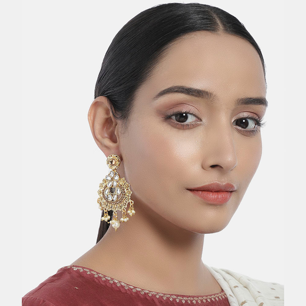 Kord Store Flower Shape Design LCT Kundan Pearl Gold Plated Chandelier Earring For Modern Women - KSEAR70208