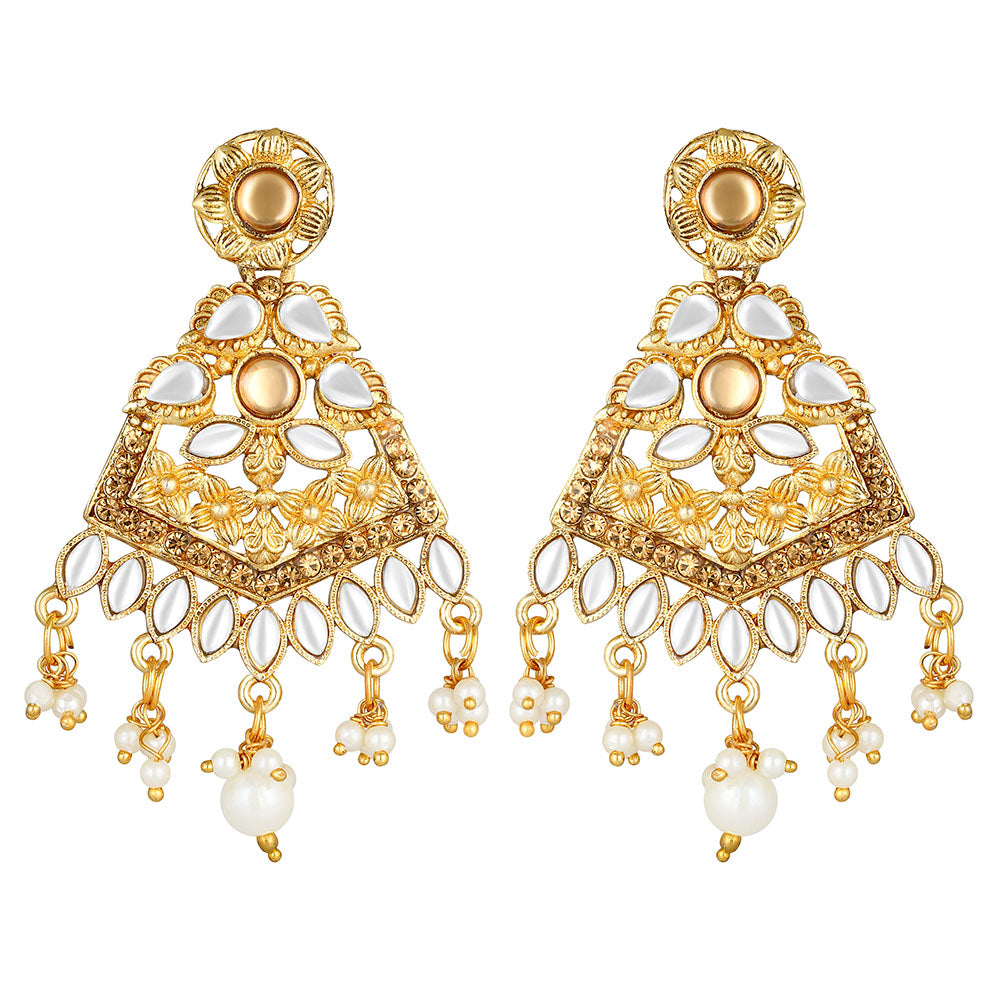 Kord Store Fine Leaf Design White Stone Gold Plated Dangle Earring For Women - KSEAR70209