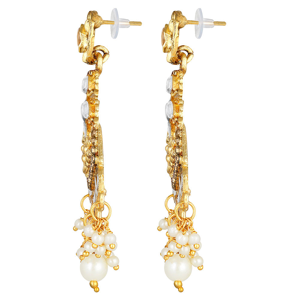 Kord Store Fine Leaf Design White Stone Gold Plated Dangle Earring For Women - KSEAR70209