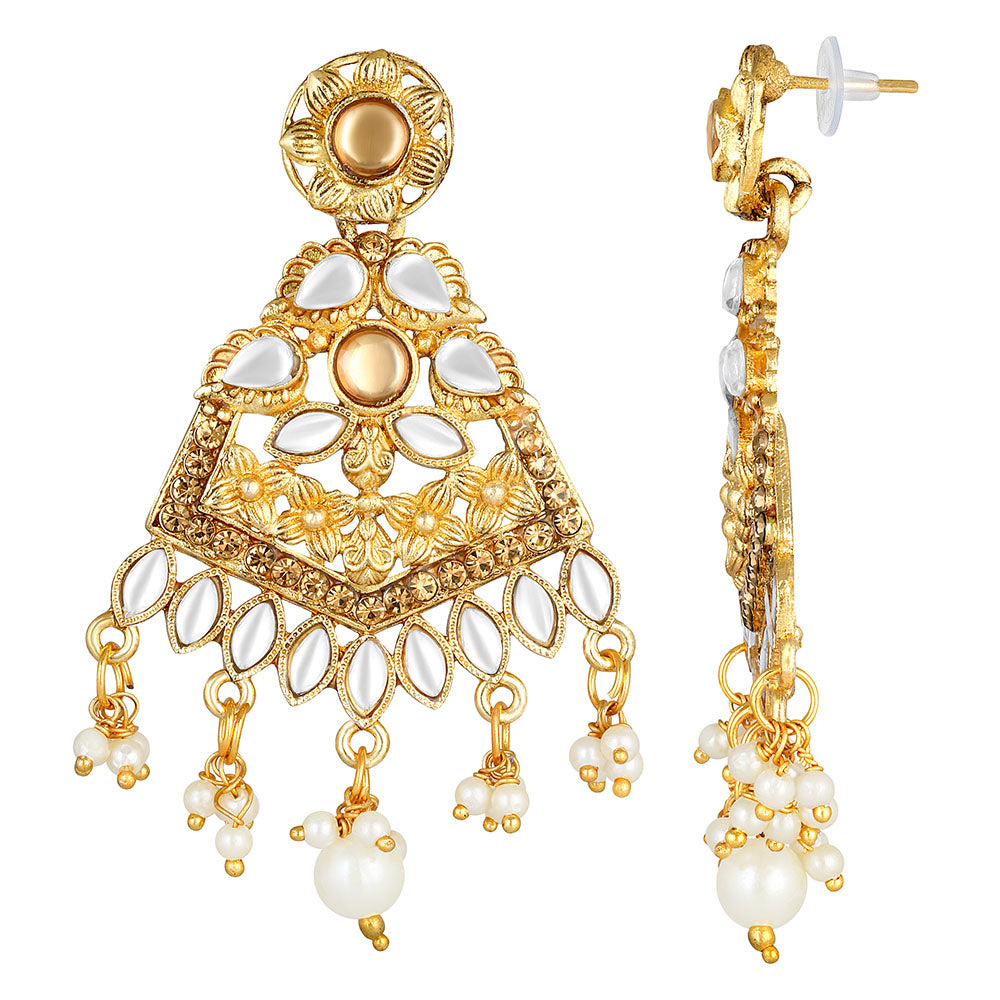 Kord Store Fine Leaf Design White Stone Gold Plated Dangle Earring For Women - KSEAR70209