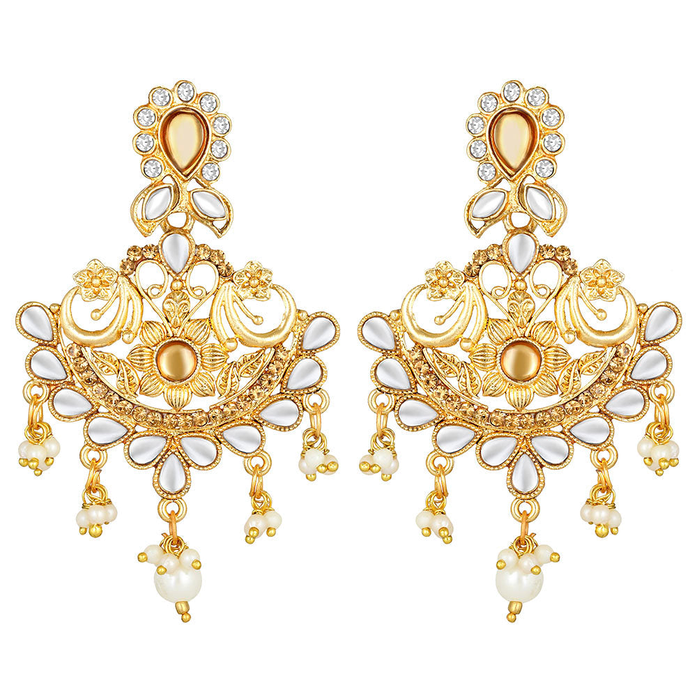 Kord Store Flowing Flower White Stone Gold Plated Chand Bali Earring For Women - KSEAR70211