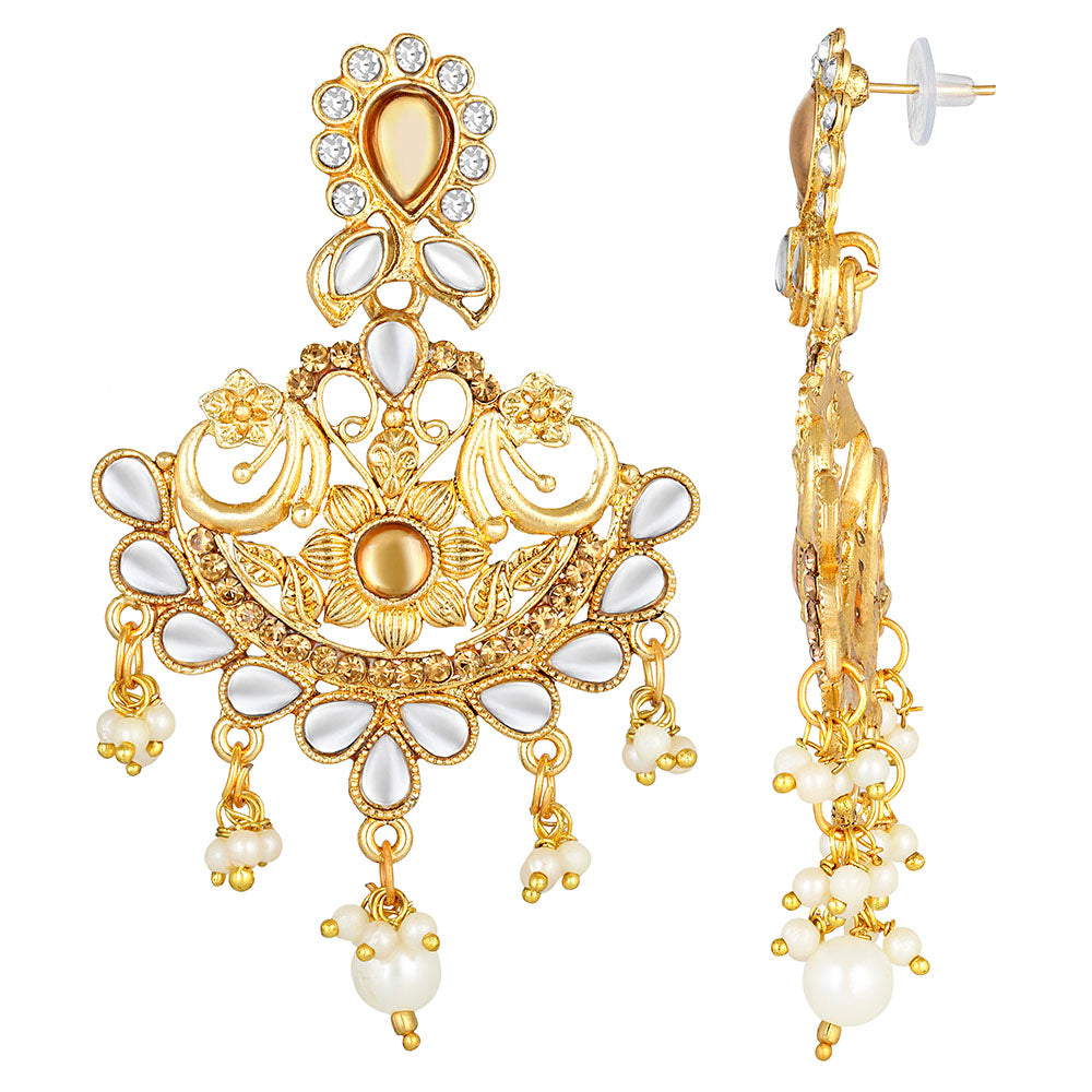 Kord Store Flowing Flower White Stone Gold Plated Chand Bali Earring For Women - KSEAR70211