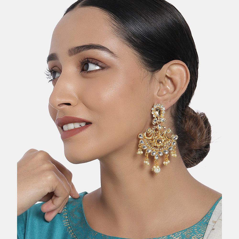 Kord Store Flowing Flower White Stone Gold Plated Chand Bali Earring For Women - KSEAR70211