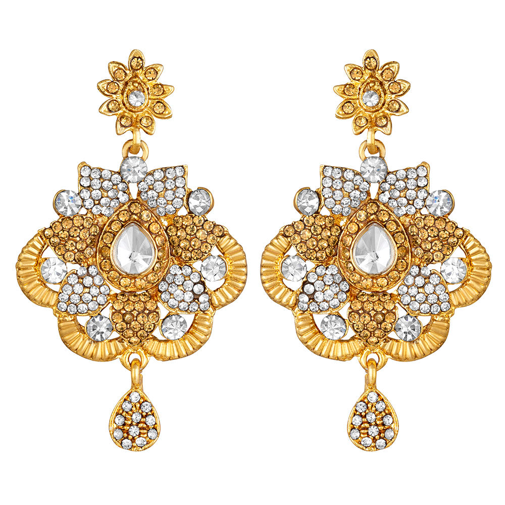 Kord Store Gorgeous Flower White Stone Gold Plated Dangle Earring For Women - KSEAR70217