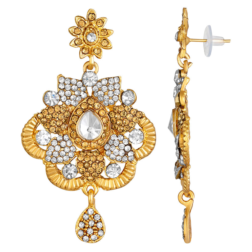 Kord Store Gorgeous Flower White Stone Gold Plated Dangle Earring For Women - KSEAR70217