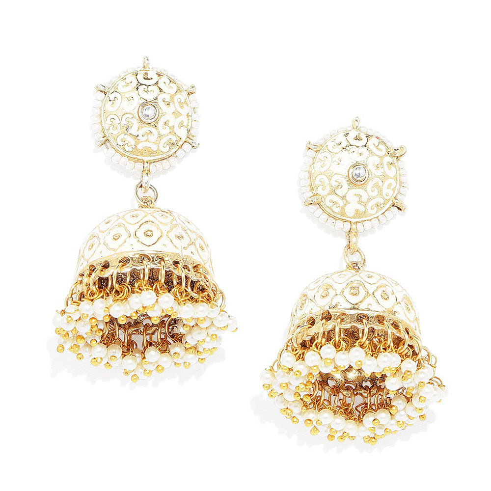 Kord Store Elegant Latkan Pearls White Meenakari Work Gold Plated Jhumki Earring For Women - KSEAR70225
