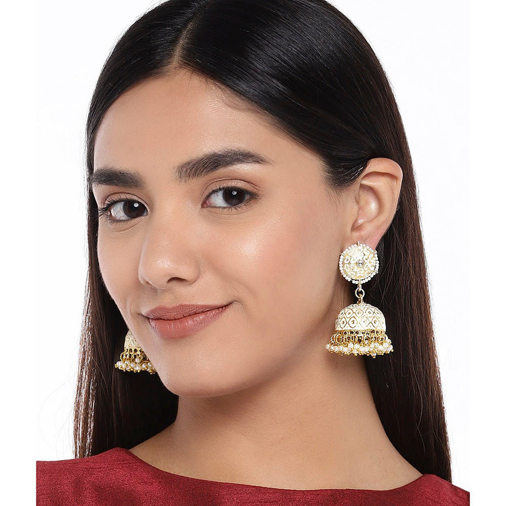 Kord Store Elegant Latkan Pearls White Meenakari Work Gold Plated Jhumki Earring For Women - KSEAR70225