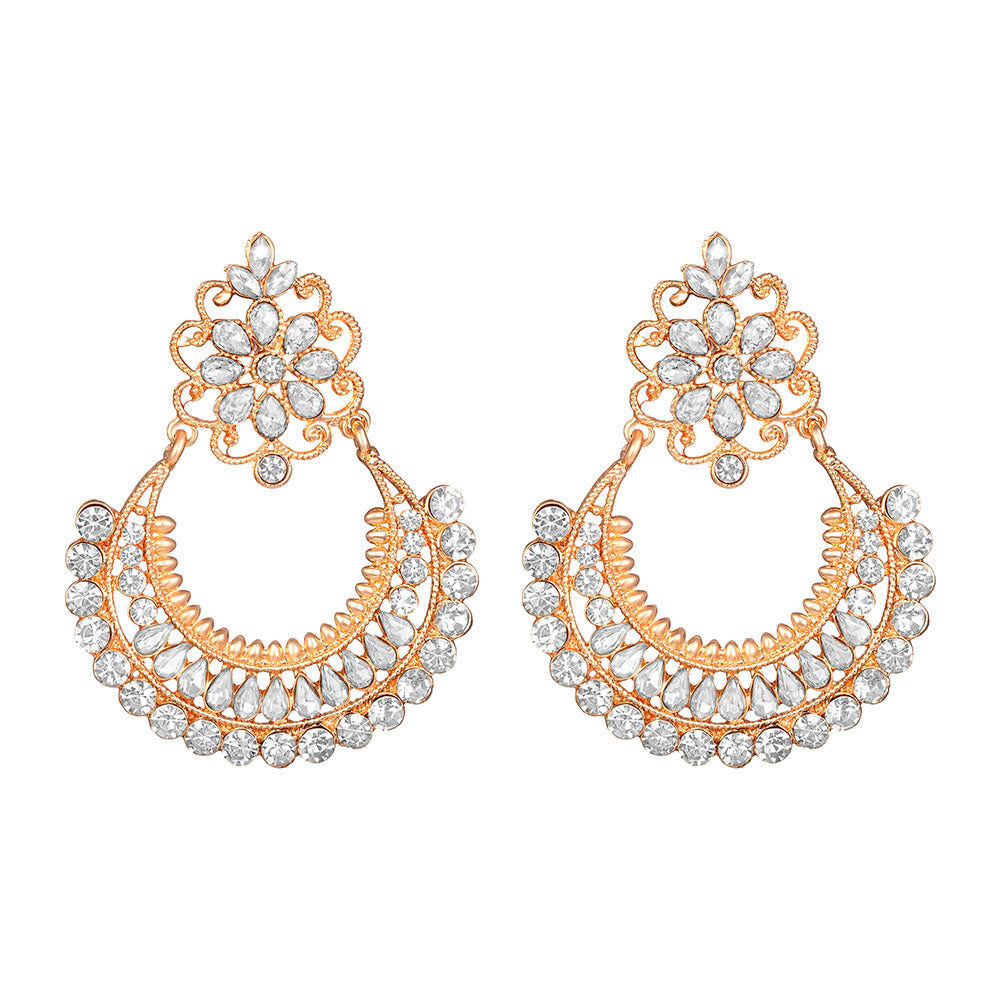 Kord Store Appealing Alloy Rose Gold Plated White Stone Chandbali Earring For Women - KSEAR70237