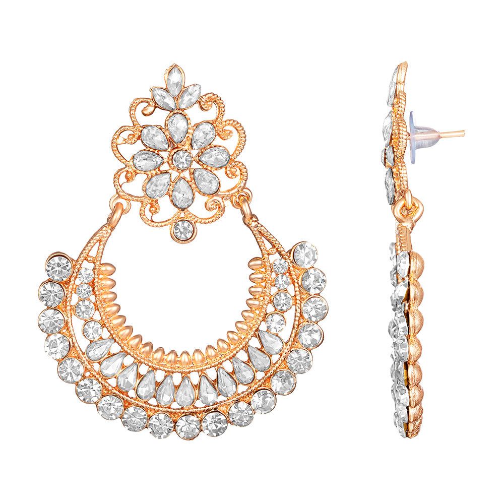 Kord Store Appealing Alloy Rose Gold Plated White Stone Chandbali Earring For Women - KSEAR70237
