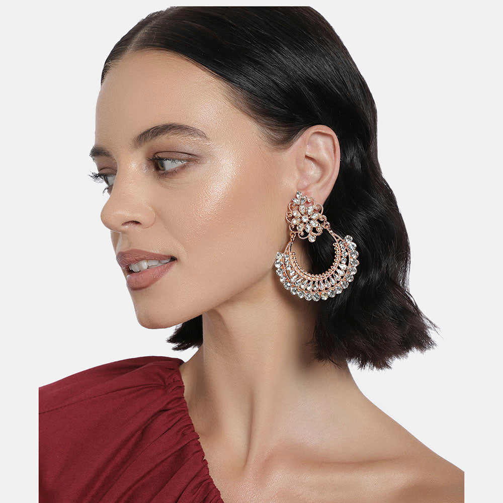 Kord Store Appealing Alloy Rose Gold Plated White Stone Chandbali Earring For Women - KSEAR70237