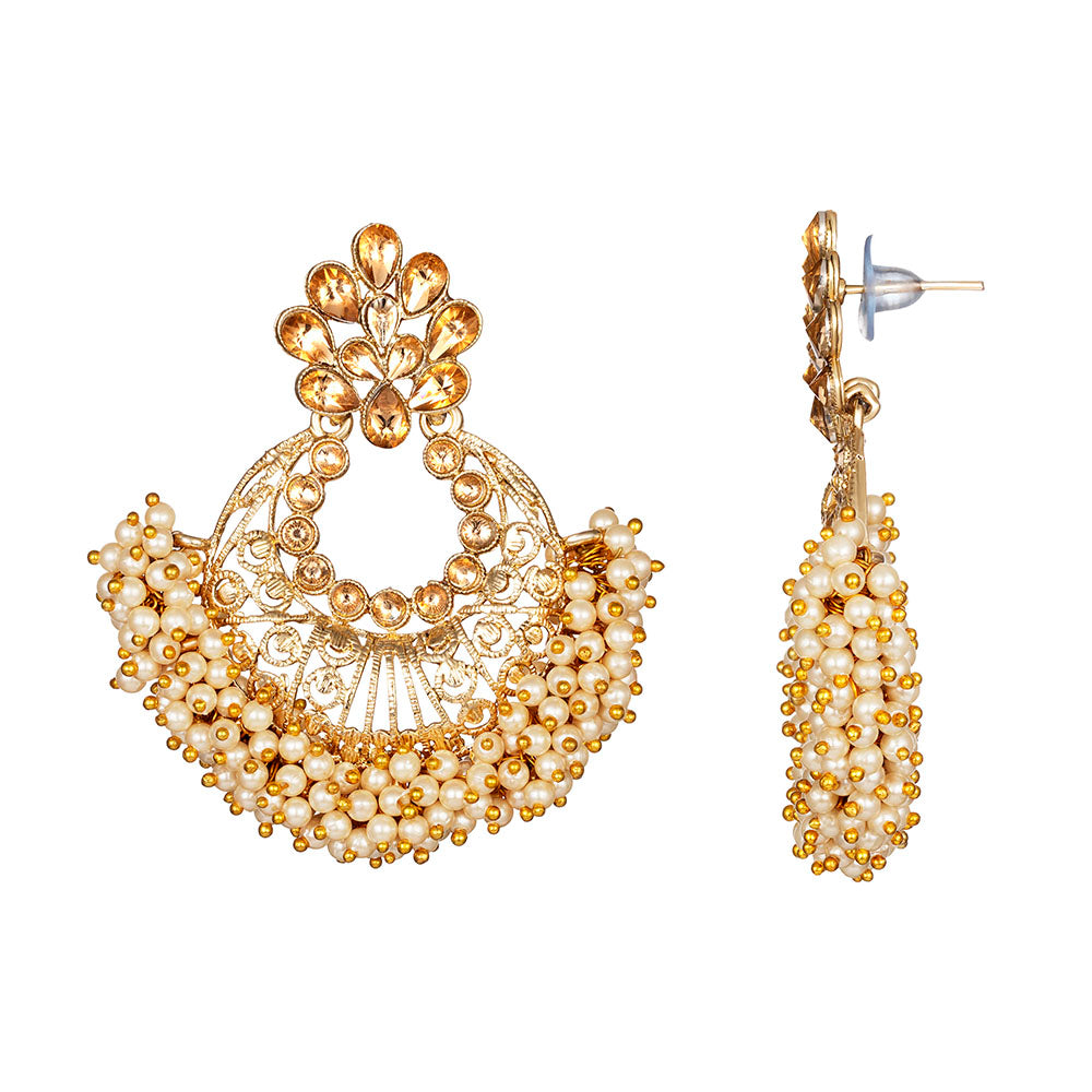 Kord Store Enchanting Alloy Gold Plated Kundan & Moti Work Chandbali Earring For Women & Girls - KSEAR70252