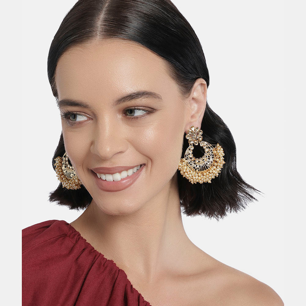 Kord Store Enchanting Alloy Gold Plated Kundan & Moti Work Chandbali Earring For Women & Girls - KSEAR70252