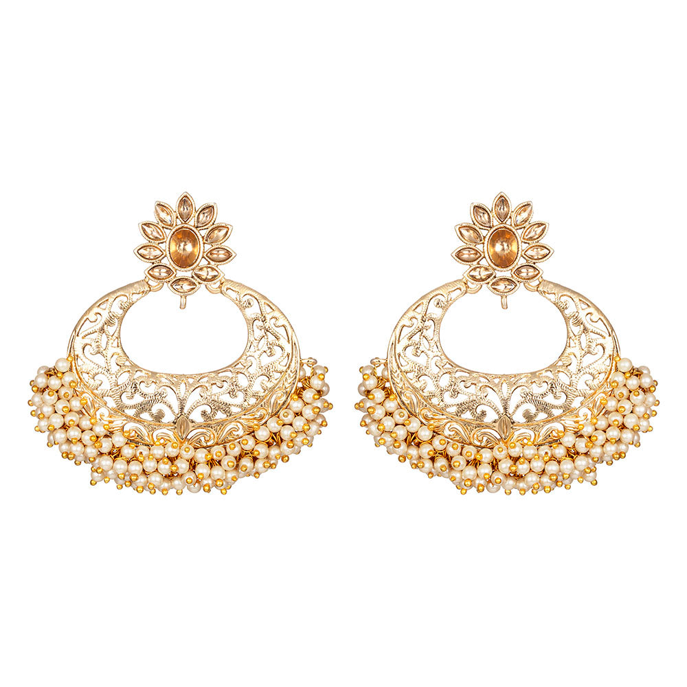 Kord Store Ethnic Alloy Gold Plated Kundan & Moti Work Chandbali Earring For Women & Girls - KSEAR70254