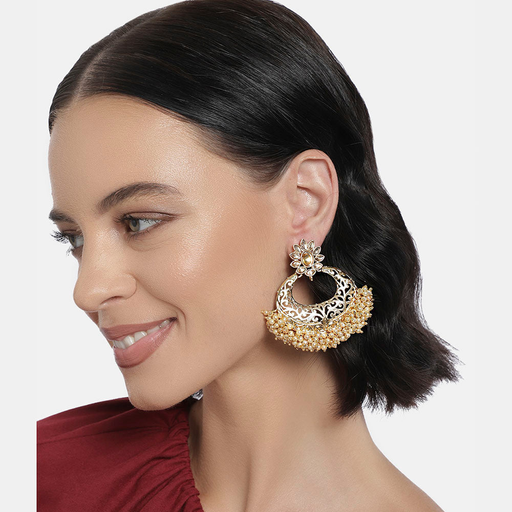 Kord Store Ethnic Alloy Gold Plated Kundan & Moti Work Chandbali Earring For Women & Girls - KSEAR70254