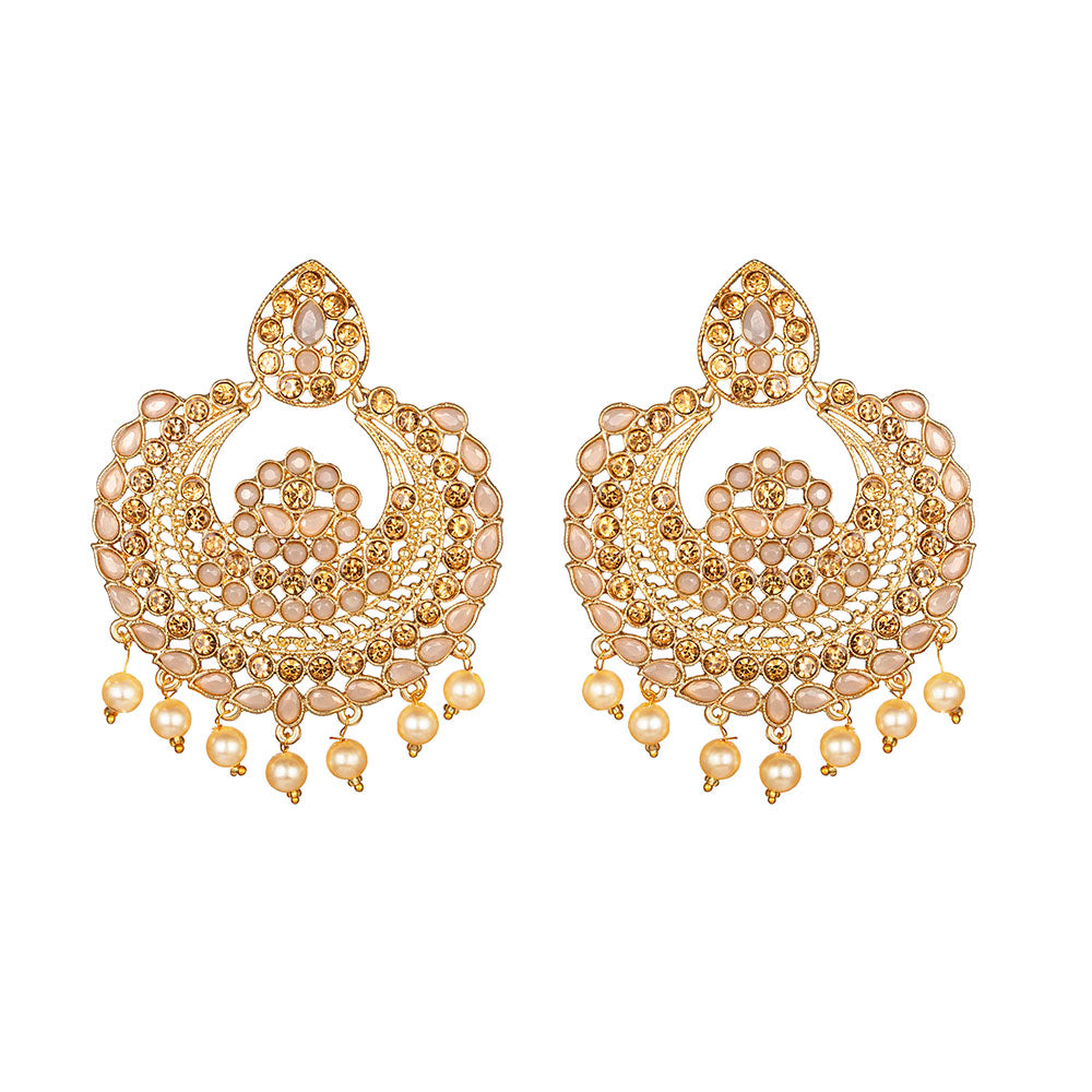 Kord Store Exceptional Alloy Gold Plated Kundan & Moti Work Chandbali Earring For Women & Girls - KSEAR70256