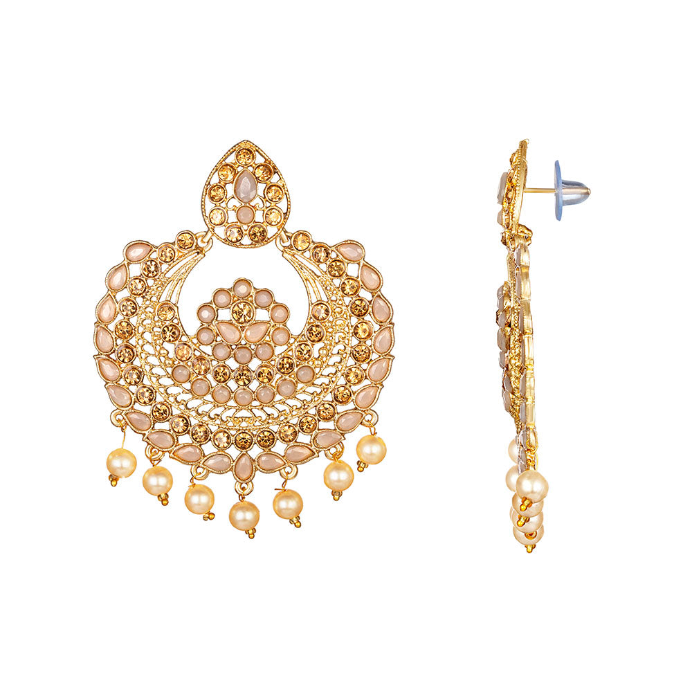 Kord Store Exceptional Alloy Gold Plated Kundan & Moti Work Chandbali Earring For Women & Girls - KSEAR70256