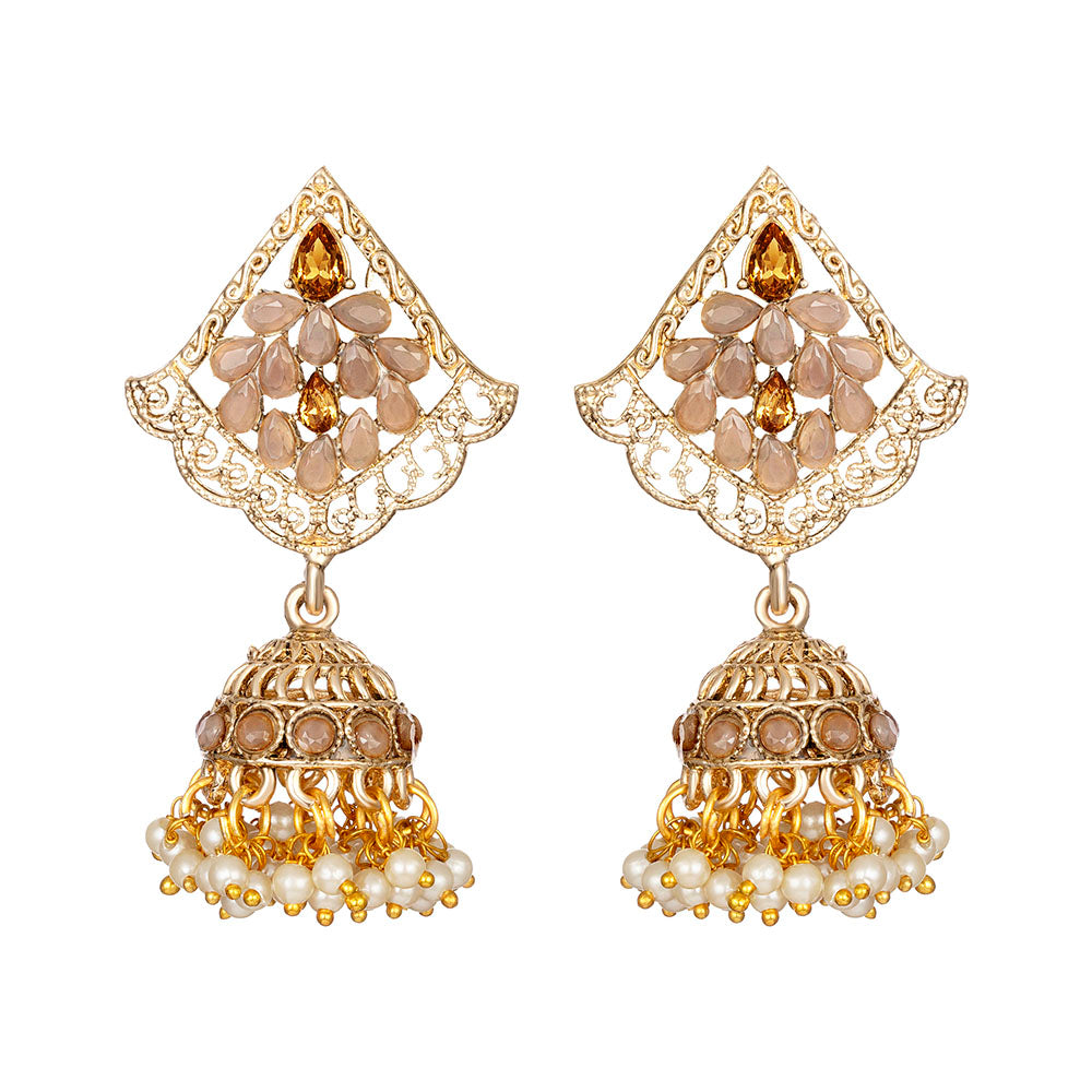 Kord Store Fashionable Alloy Gold Plated Kundan & Moti Work Jhumki Earring For Women & Girls - KSEAR70262
