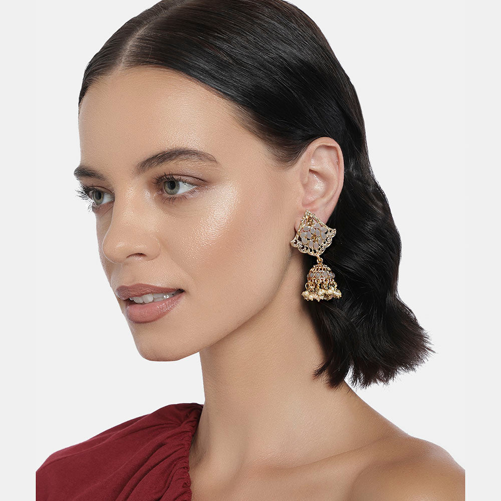 Kord Store Fashionable Alloy Gold Plated Kundan & Moti Work Jhumki Earring For Women & Girls - KSEAR70262