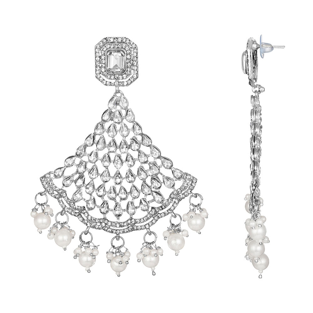 Kord Store Fine Alloy Silver Plated White Stone Chandbali Earring For Women & Girls - KSEAR70263