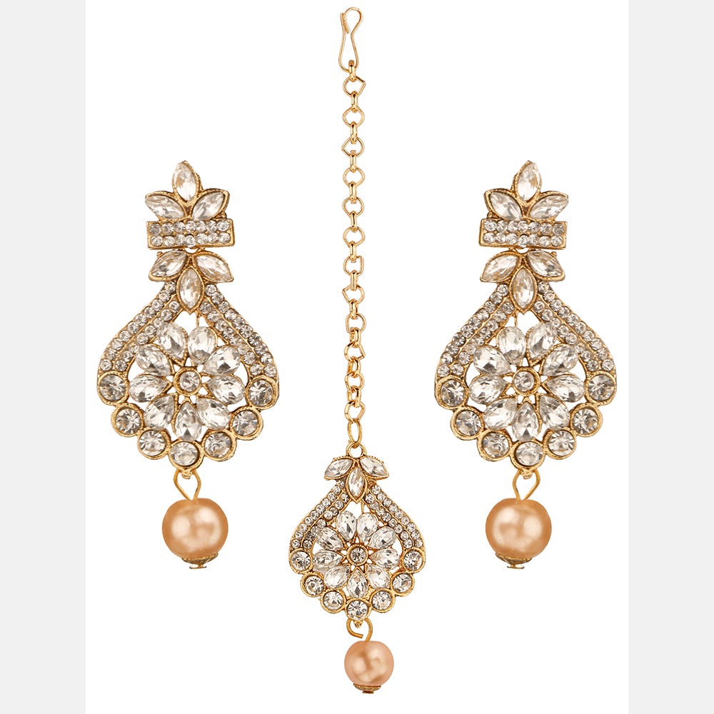 Kord Store Surprise Pear Shape White Stone Gold Plated Dangle Earring With Mangtikka For Women  - KSEMT80002
