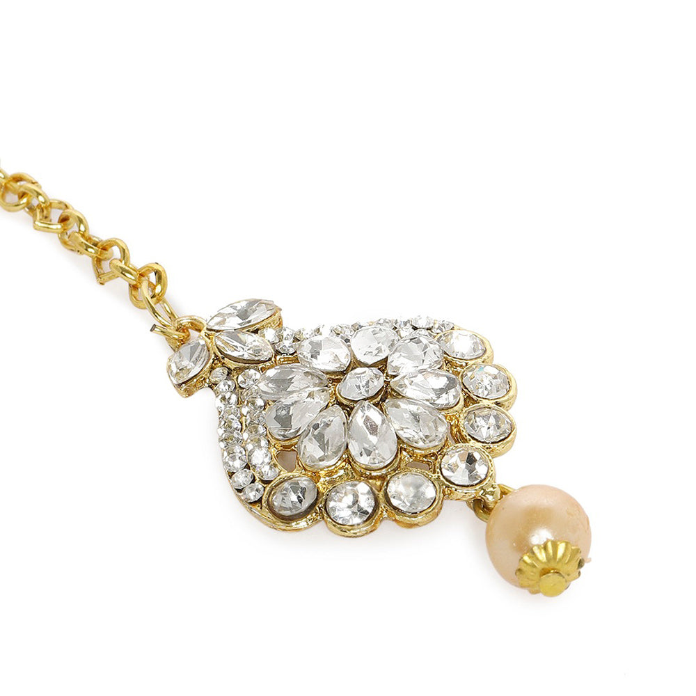 Kord Store Surprise Pear Shape White Stone Gold Plated Dangle Earring With Mangtikka For Women  - KSEMT80002