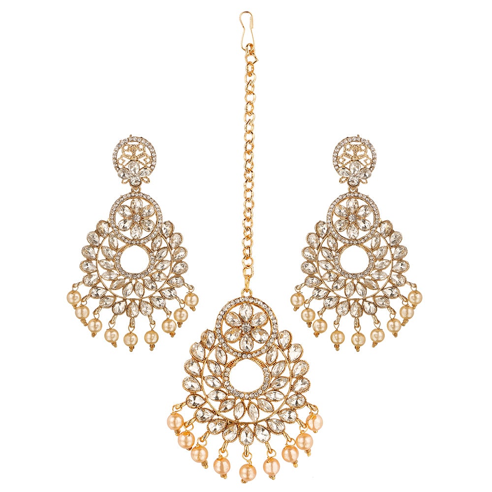 Kord Store Traditionally Flower White Stone Gold Plated Chand Bali Earring With Mangtikka For Women  - KSEMT80003