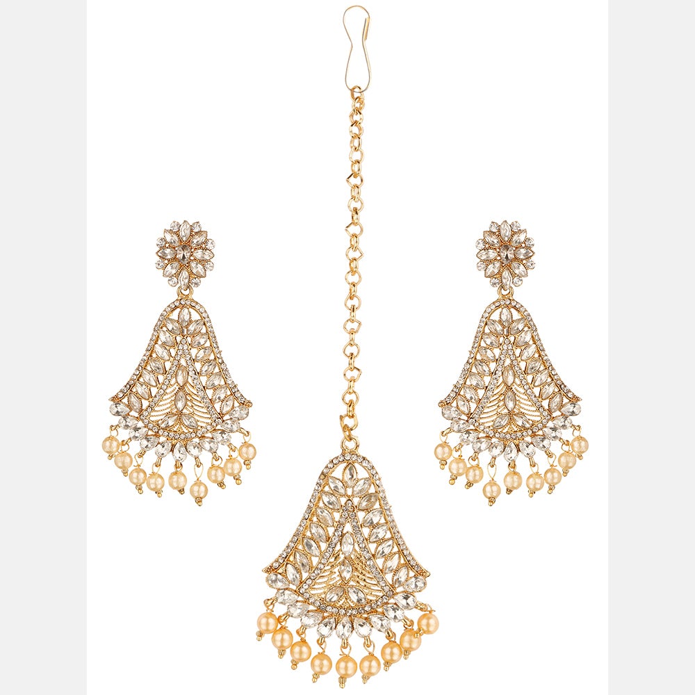 Kord Store Trendy Latkan Pearls White Stone Gold Plated Dangle Earring With Mangtikka For Women  - KSEMT80004