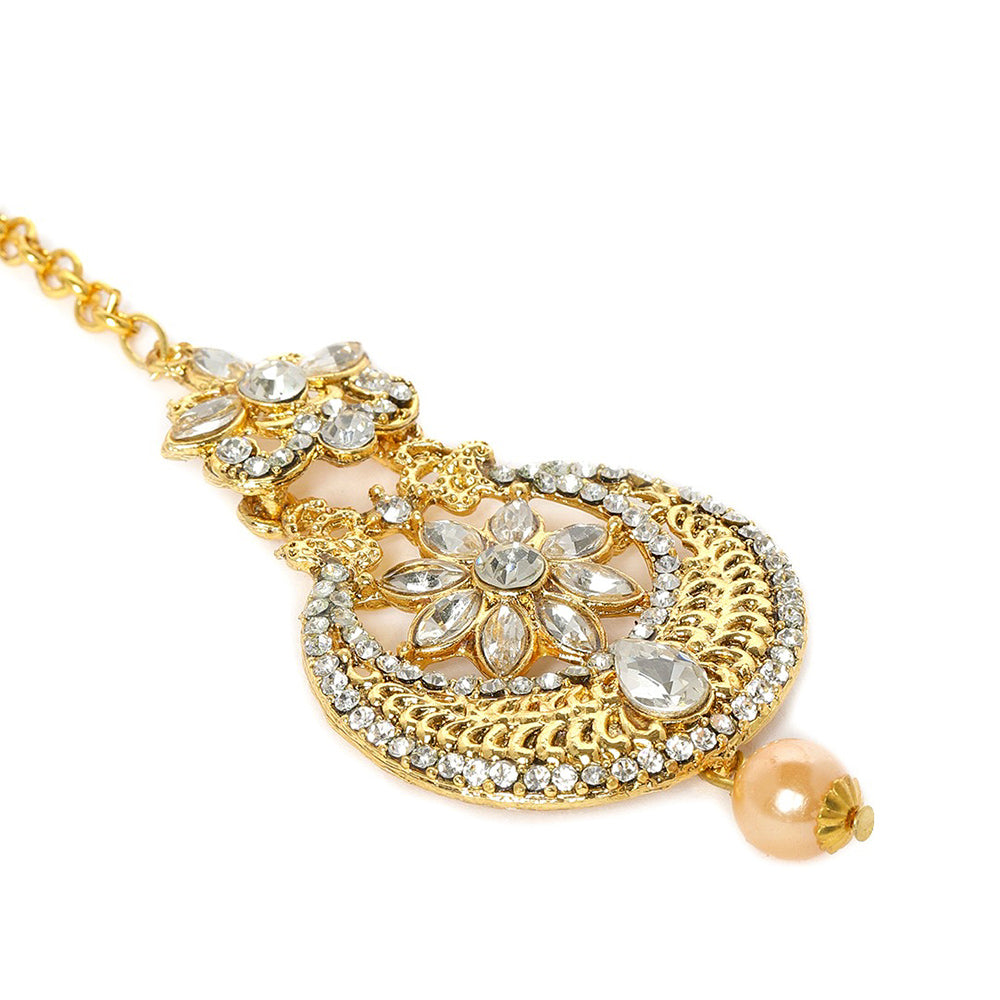 Kord Store Wavy Flower White Stone Gold Plated Chand Bali Earring With Mangtikka For Women  - KSEMT80006