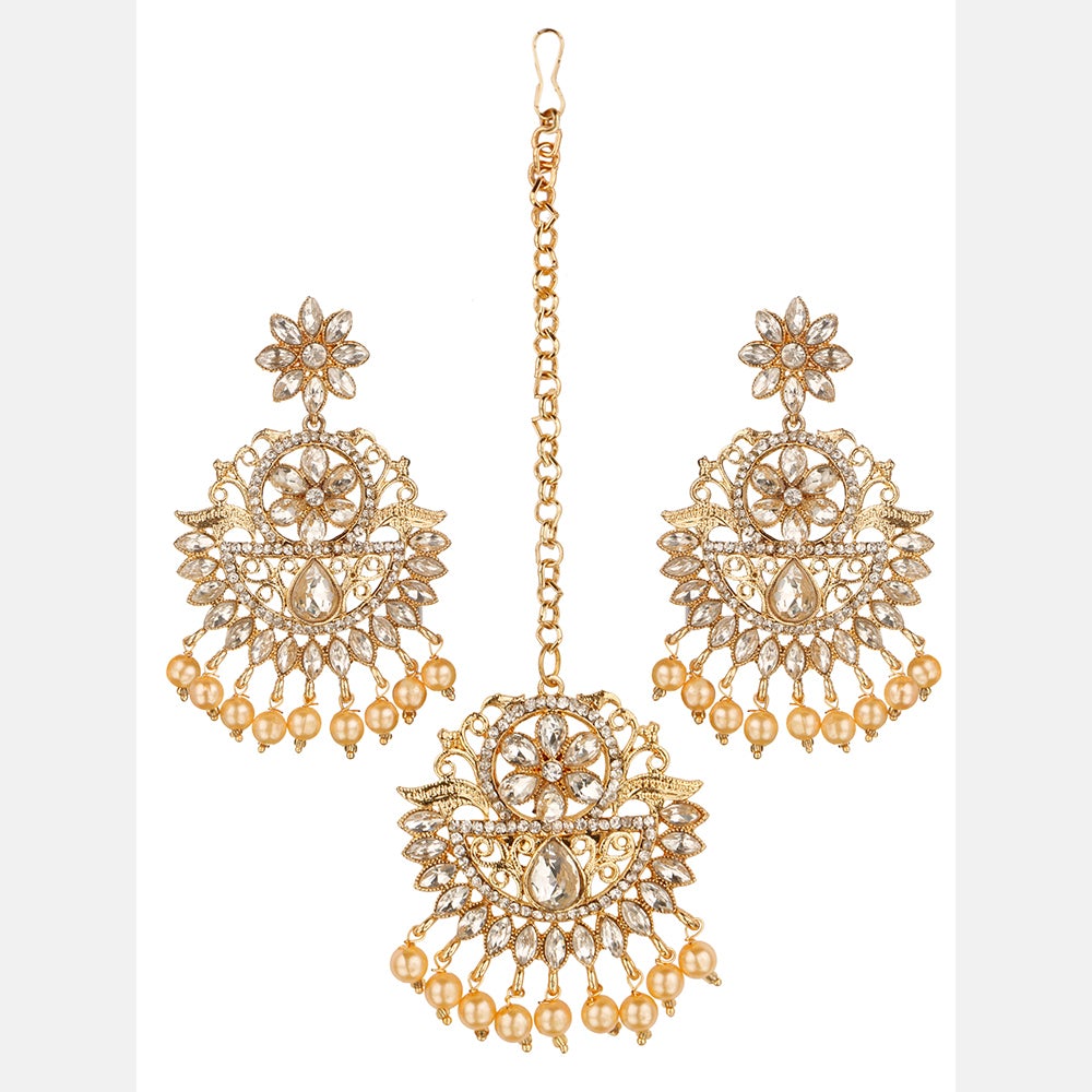 Kord Store Wonderful Latkan Pearls White Stone Gold Plated Dangle Earring With Mangtikka For Women  - KSEMT80007