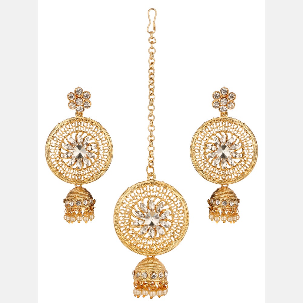Kord Store Youthful Round Shape White Stone Gold Plated Jhumki Earring With Mangtikka For Women  - KSEMT80008