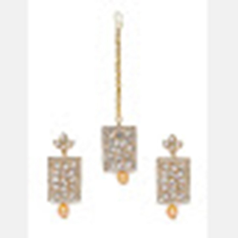 Kord Store Admirable Square Shape White Stone Gold Plated Dangle Earring With Mangtikka For Women  - KSEMT80009