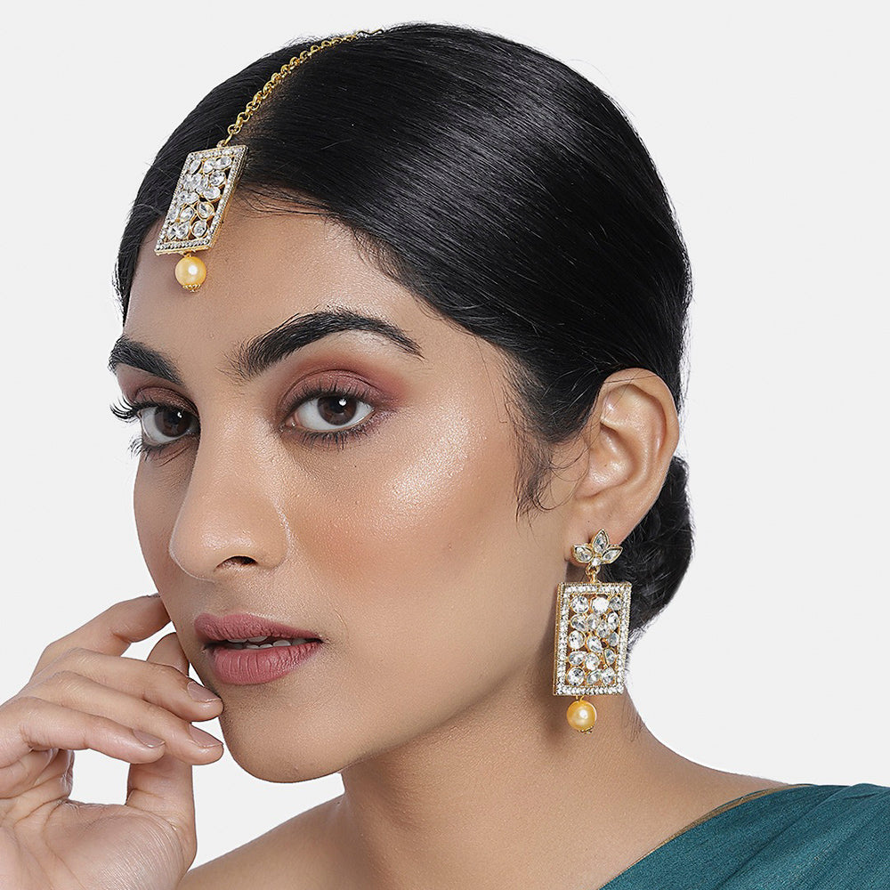 Kord Store Admirable Square Shape White Stone Gold Plated Dangle Earring With Mangtikka For Women  - KSEMT80009