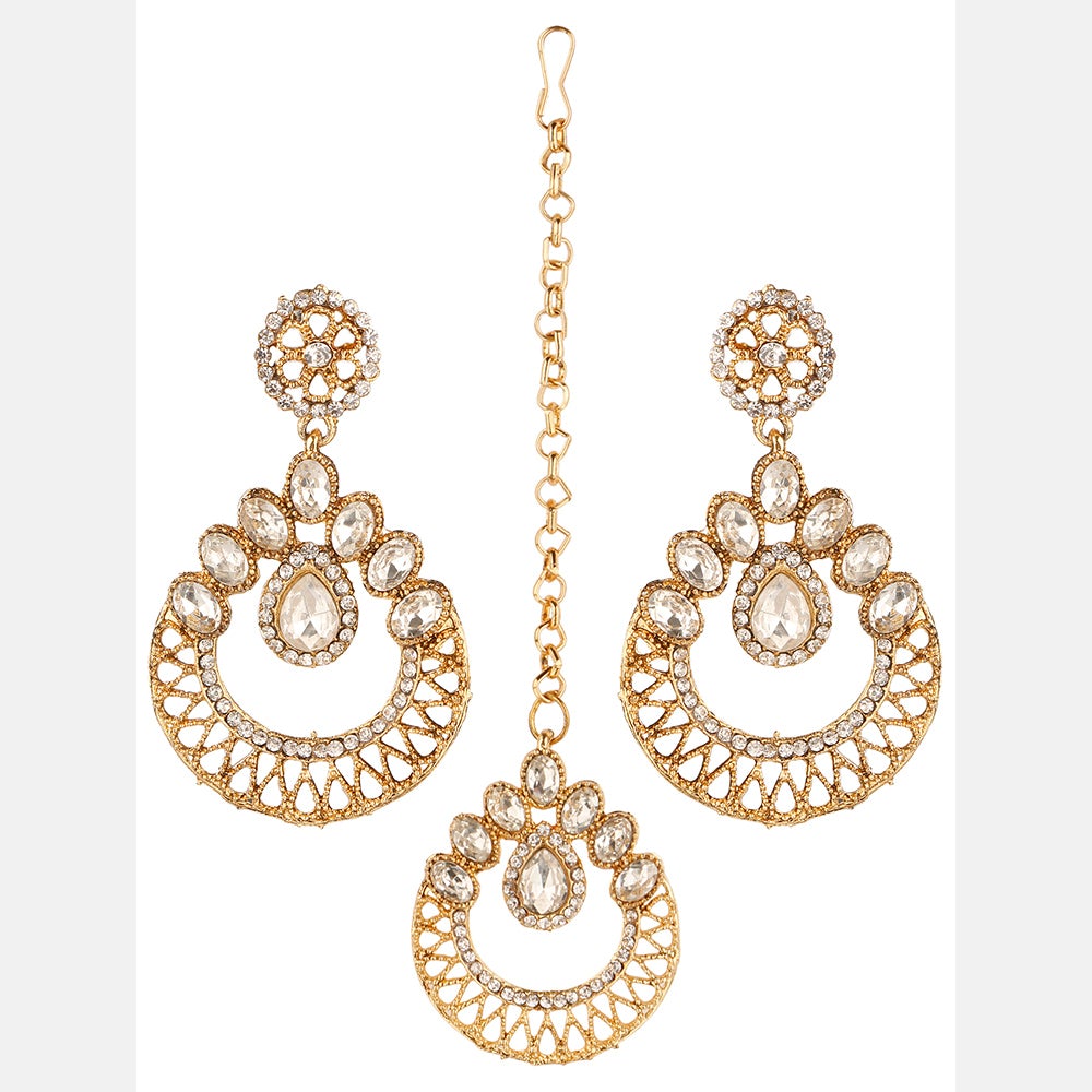 Kord Store Amazing Round Shape White Stone Gold Plated Chand Bali Earring With Mangtikka For Women  - KSEMT80010