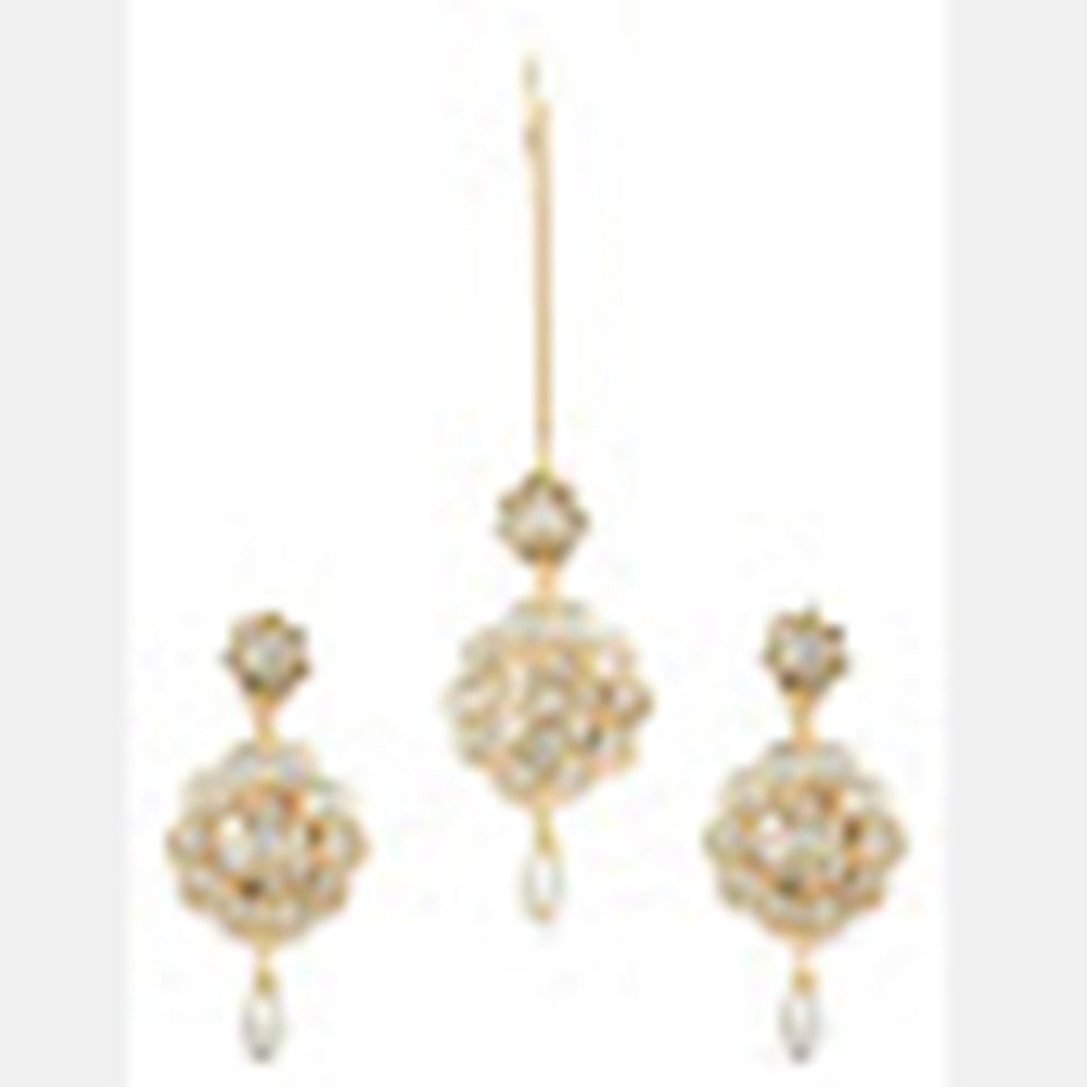 Kord Store Beautiful Round Shape White Stone Gold Plated Dangle Earring With Mangtikka For Women