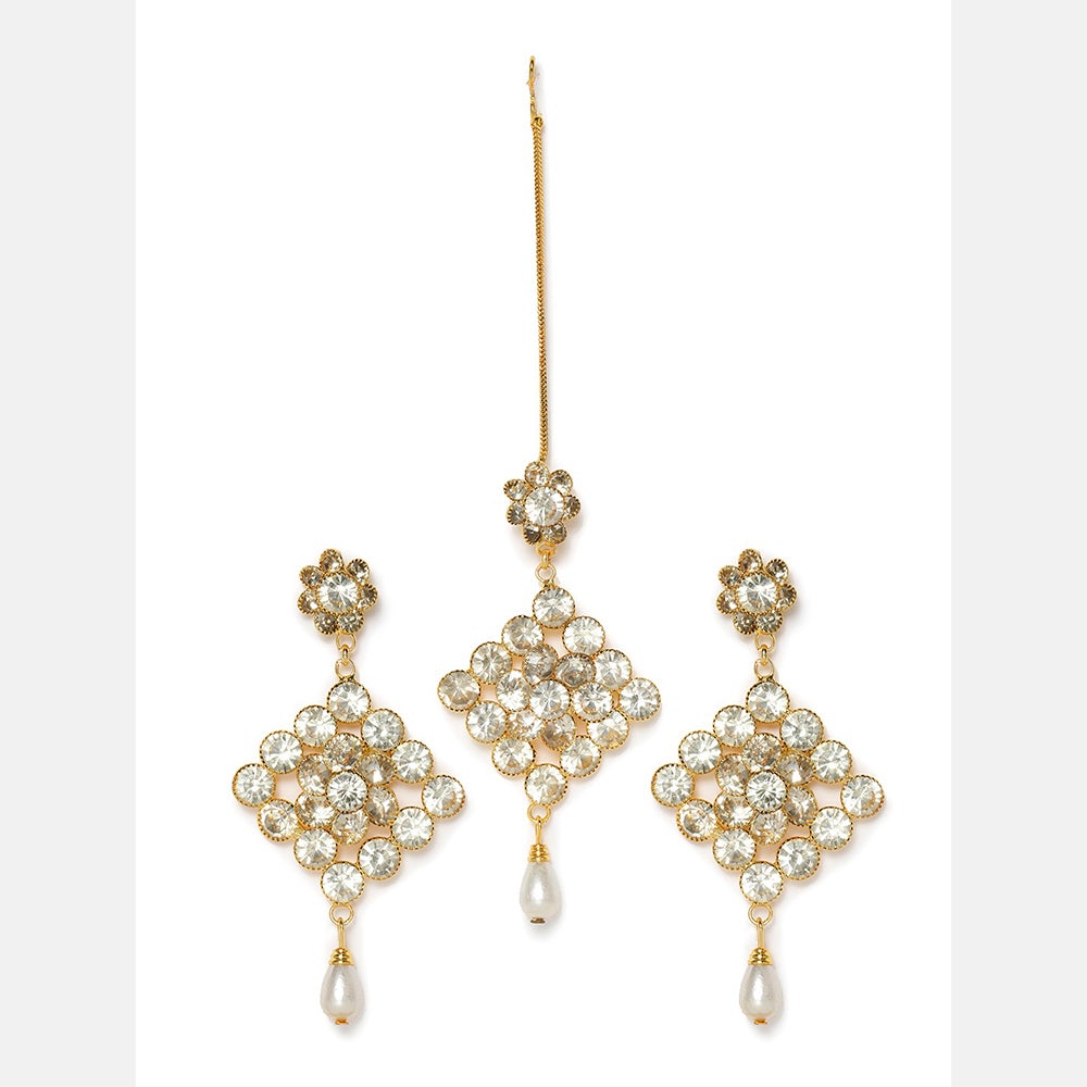 Kord Store Brilliant Square Shape White Stone Gold Plated Dangle Earring With Mangtikka For Women