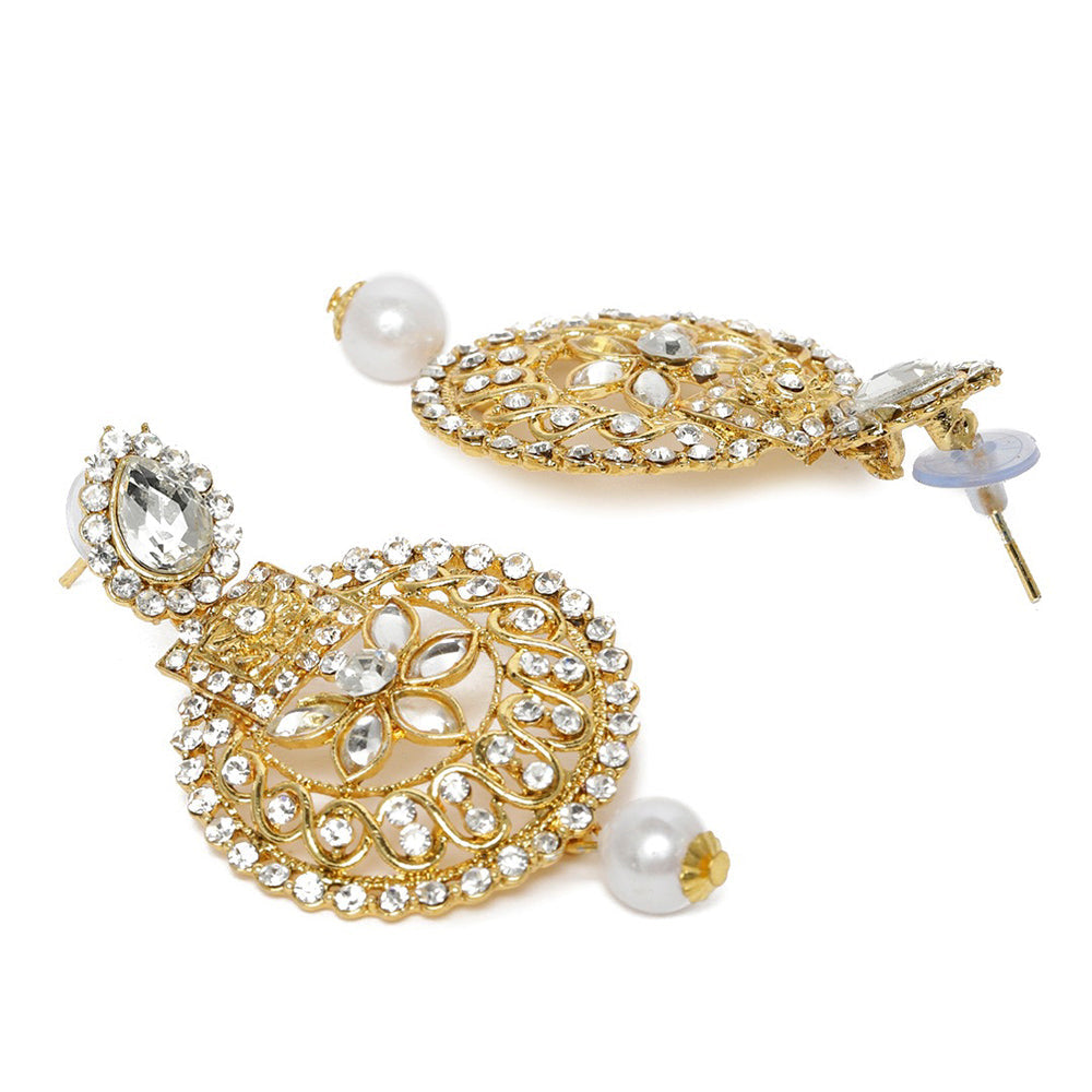 Kord Store Classic Flower White Stone Gold Plated Dangle Earring With Mangtikka For Women