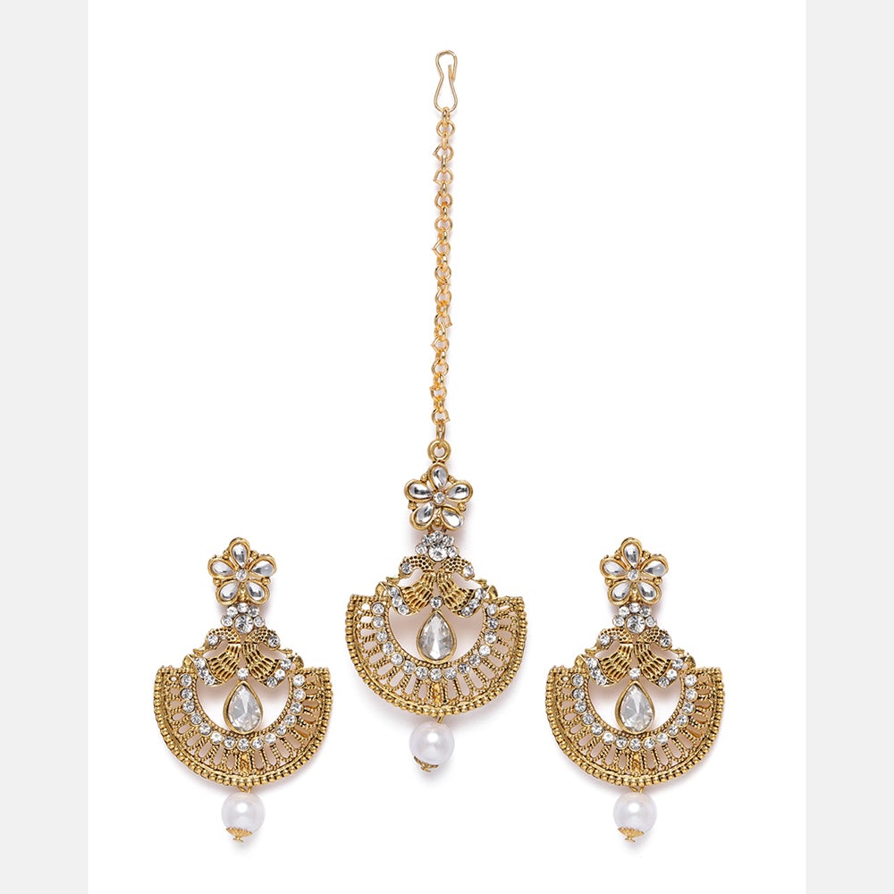 Kord Store Classy Peacock White Stone Gold Plated Chand Bali Earring With Mangtikka For Women