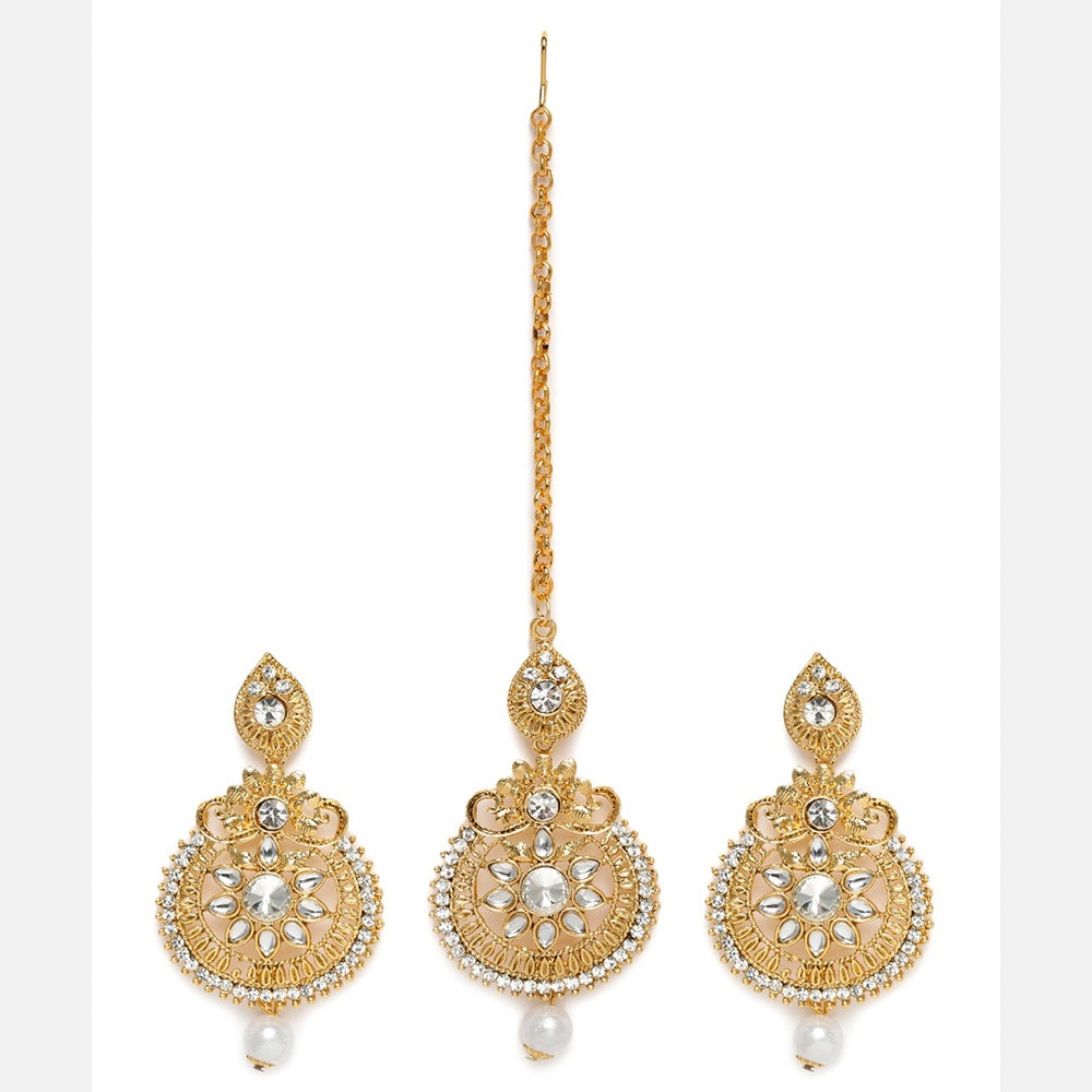 Kord Store Common Round Shape White Stone Gold Plated Dangle Earring With Mangtikka For Women